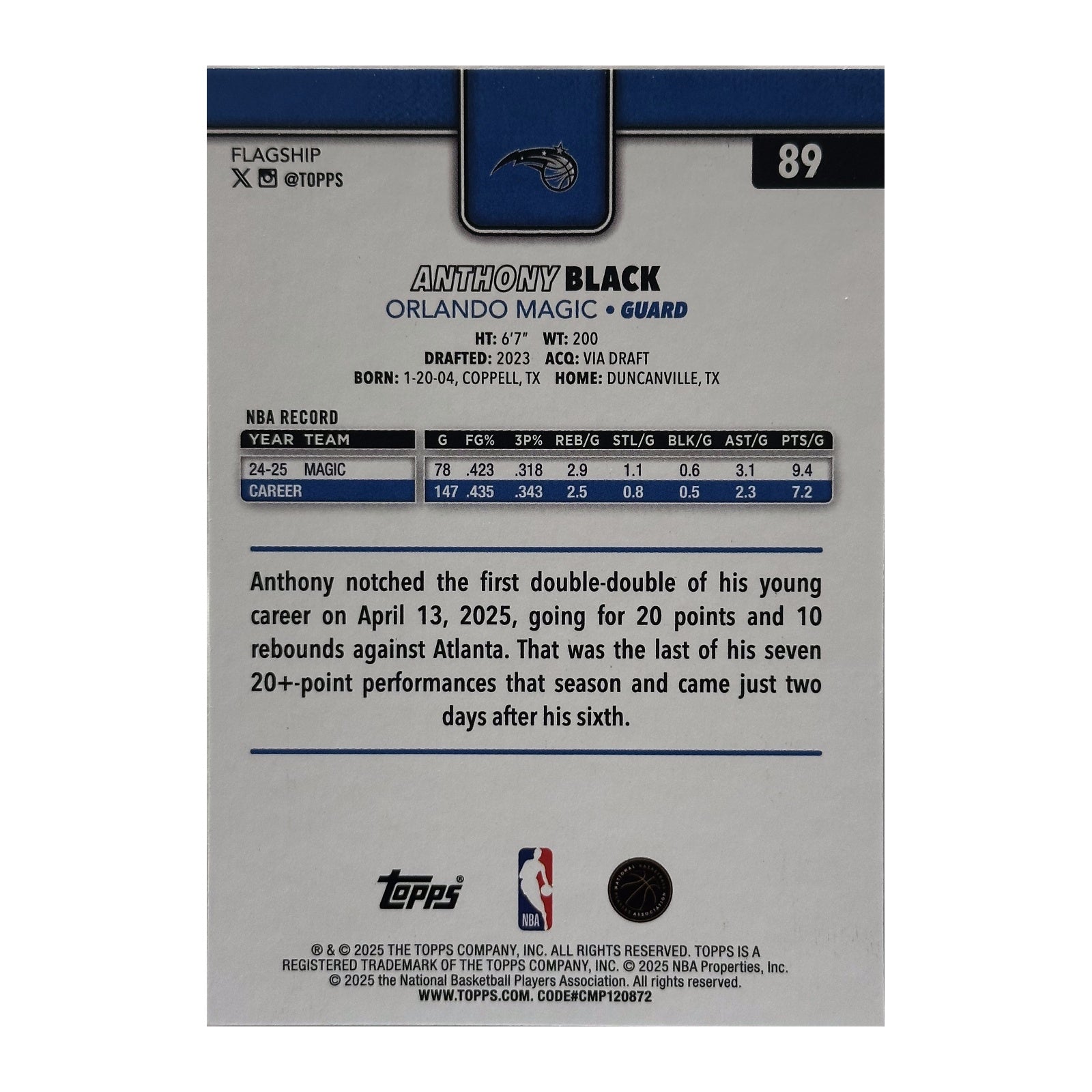 2025 Topps Flagship Anthony Black Wood #89 /25 - verso