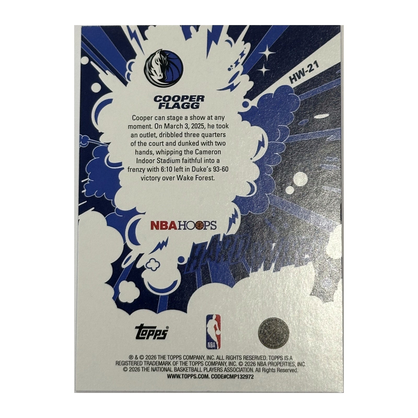 2025-26 Topps NBA Hoops Hard Wired Cooper Flagg #HW-21 RC Mavericks - verso